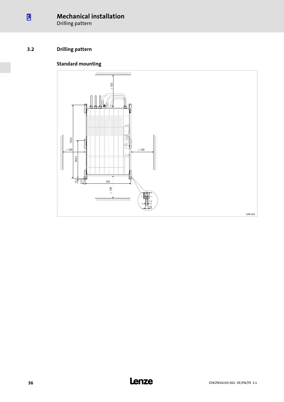 2 drilling pattern, Drilling pattern, Mechanical installation | 2 drilling pattern standard mounting | Lenze EZN3A0022H150N002 User Manual | Page 36 / 64