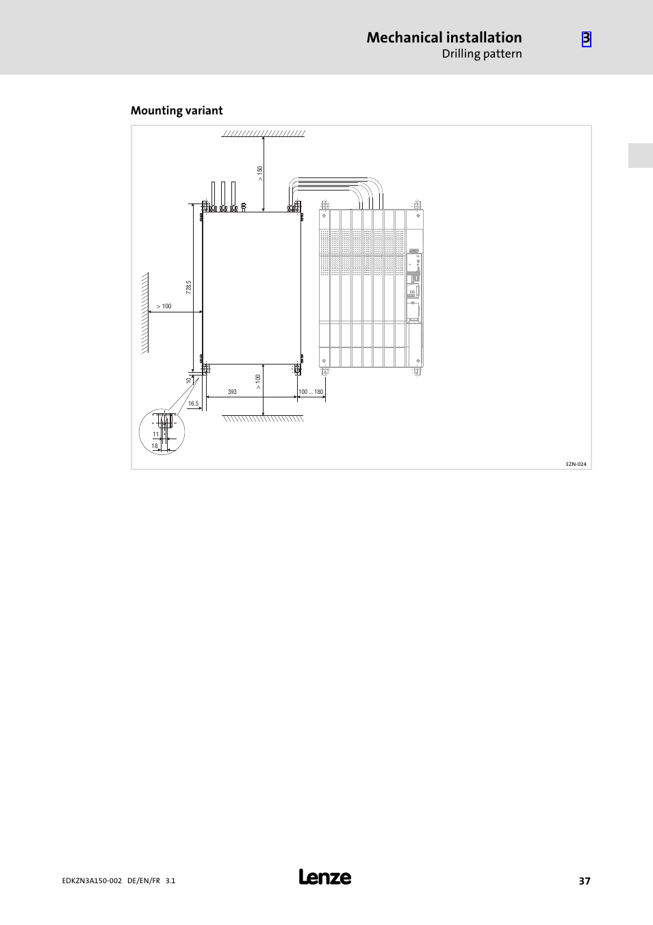 Mechanical installation, Drilling pattern, Mounting variant | Lenze EZN3A0022H150N002 User Manual | Page 37 / 64