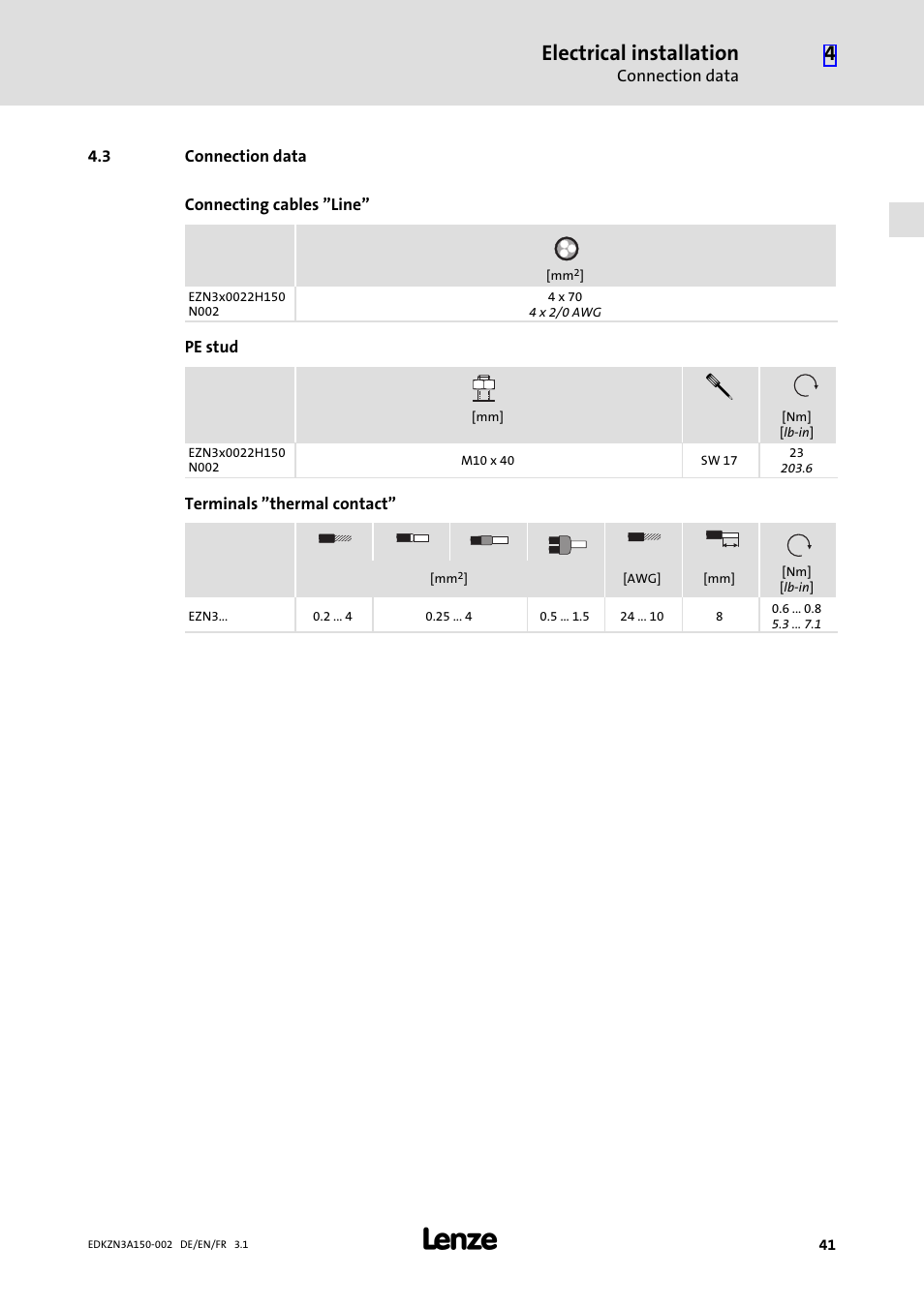 3 connection data, Connection data, Electrical installation | Lenze EZN3A0022H150N002 User Manual | Page 41 / 64