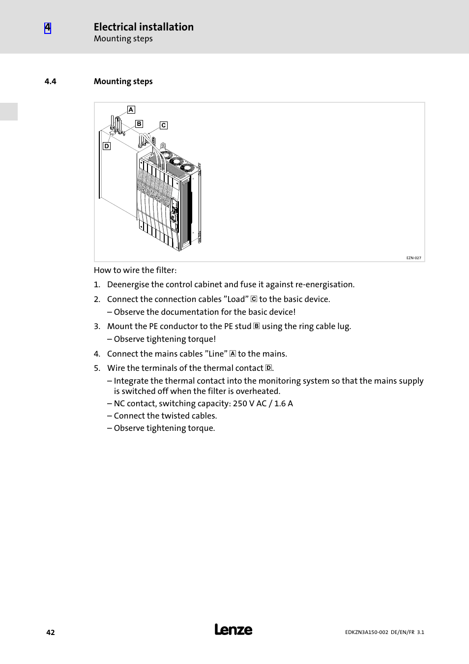 4 mounting steps, Mounting steps, Electrical installation | Lenze EZN3A0022H150N002 User Manual | Page 42 / 64