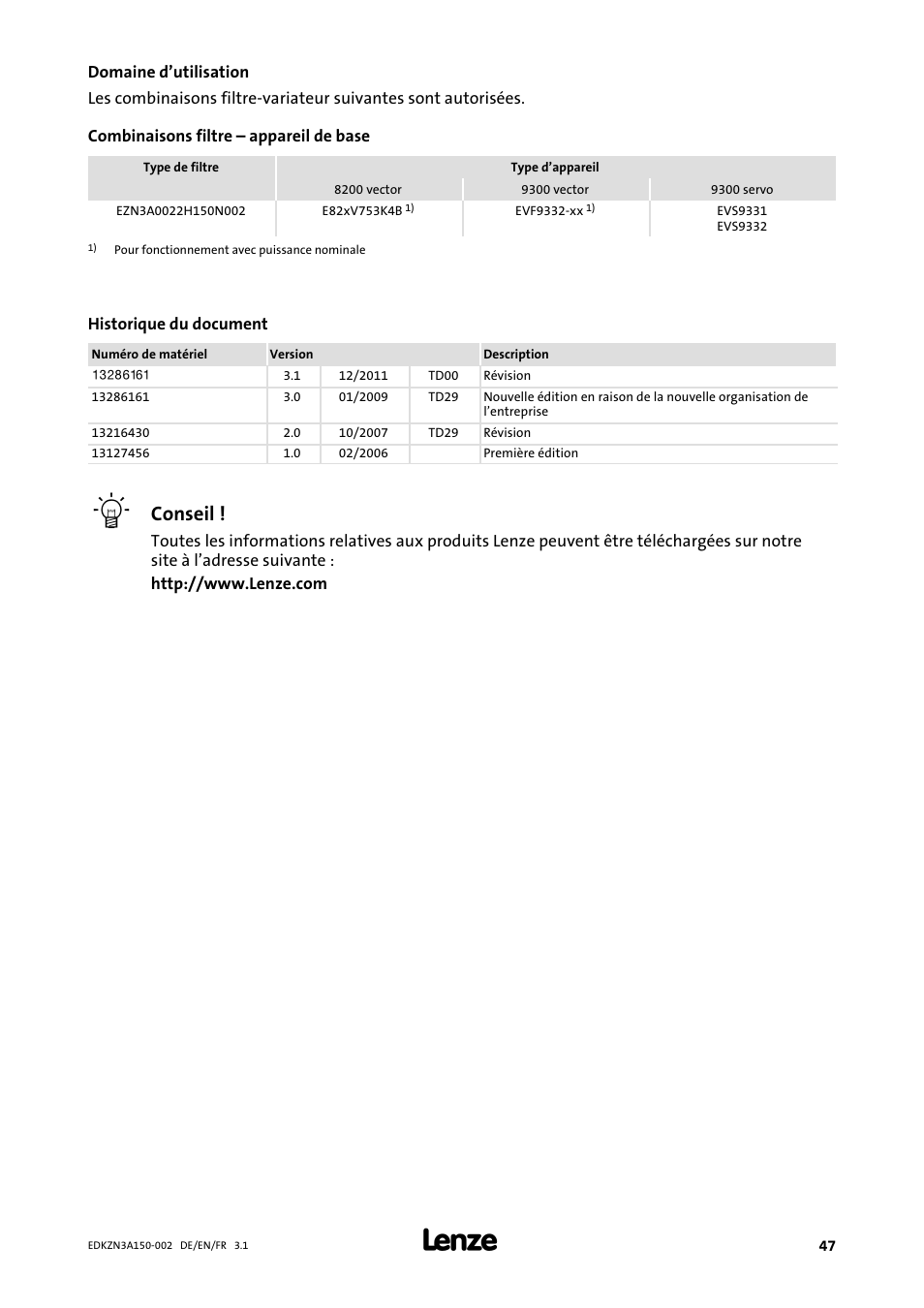 Domaine d’utilisation, Conseil | Lenze EZN3A0022H150N002 User Manual | Page 47 / 64