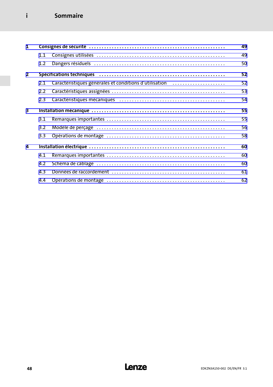 Sommaire, Sommaire i | Lenze EZN3A0022H150N002 User Manual | Page 48 / 64