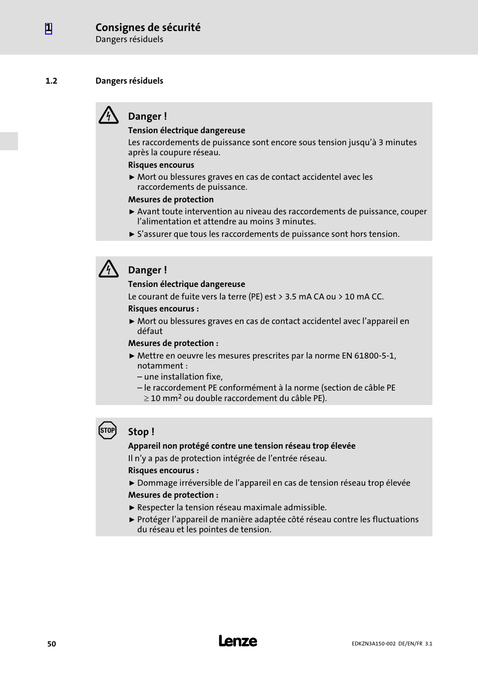 2 dangers résiduels, Dangers résiduels | Lenze EZN3A0022H150N002 User Manual | Page 50 / 64