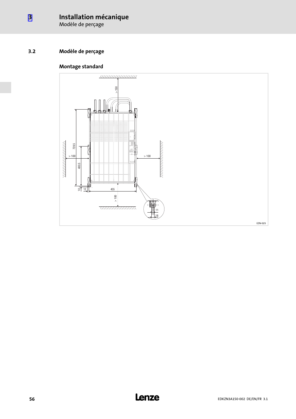 2 modèle de perçage, Modèle de perçage, Installation mécanique | 2 modèle de perçage montage standard | Lenze EZN3A0022H150N002 User Manual | Page 56 / 64