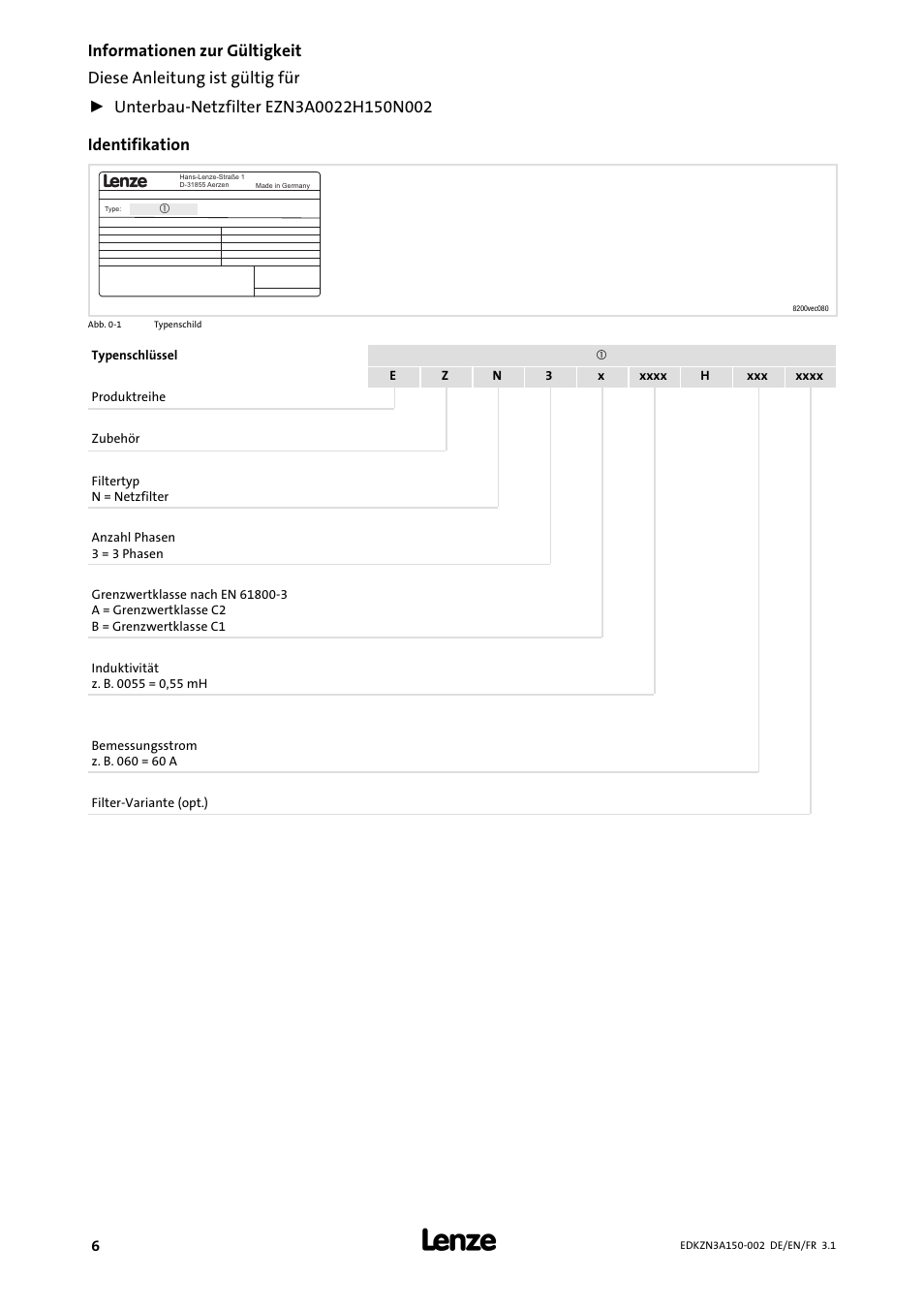 Informationen zur gültigkeit | Lenze EZN3A0022H150N002 User Manual | Page 6 / 64