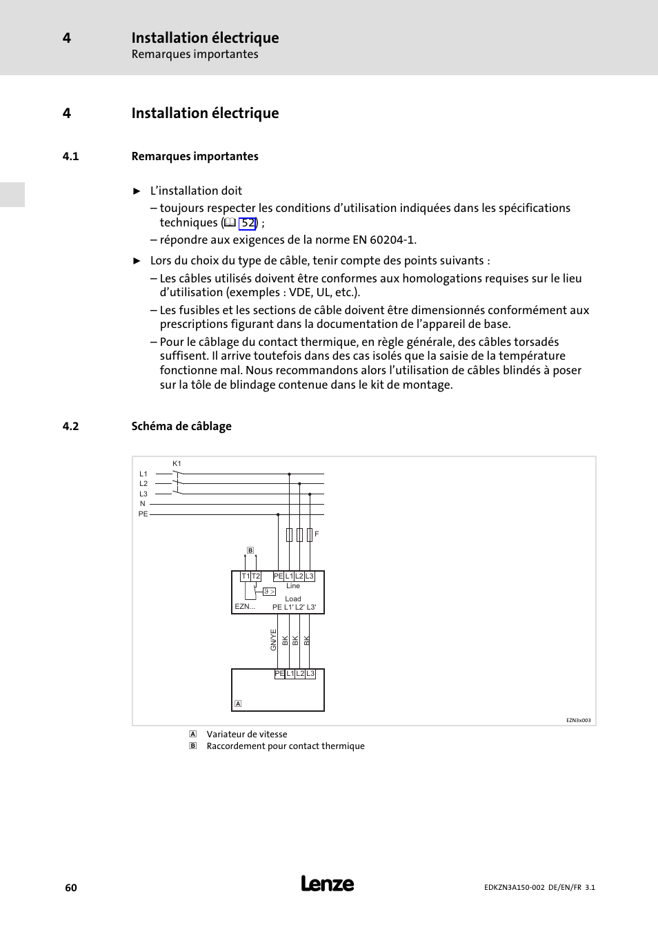 4 installation électrique, 1 remarques importantes, 2 schéma de câblage | Installation électrique, Remarques importantes, Schéma de câblage, 4installation électrique | Lenze EZN3A0022H150N002 User Manual | Page 60 / 64