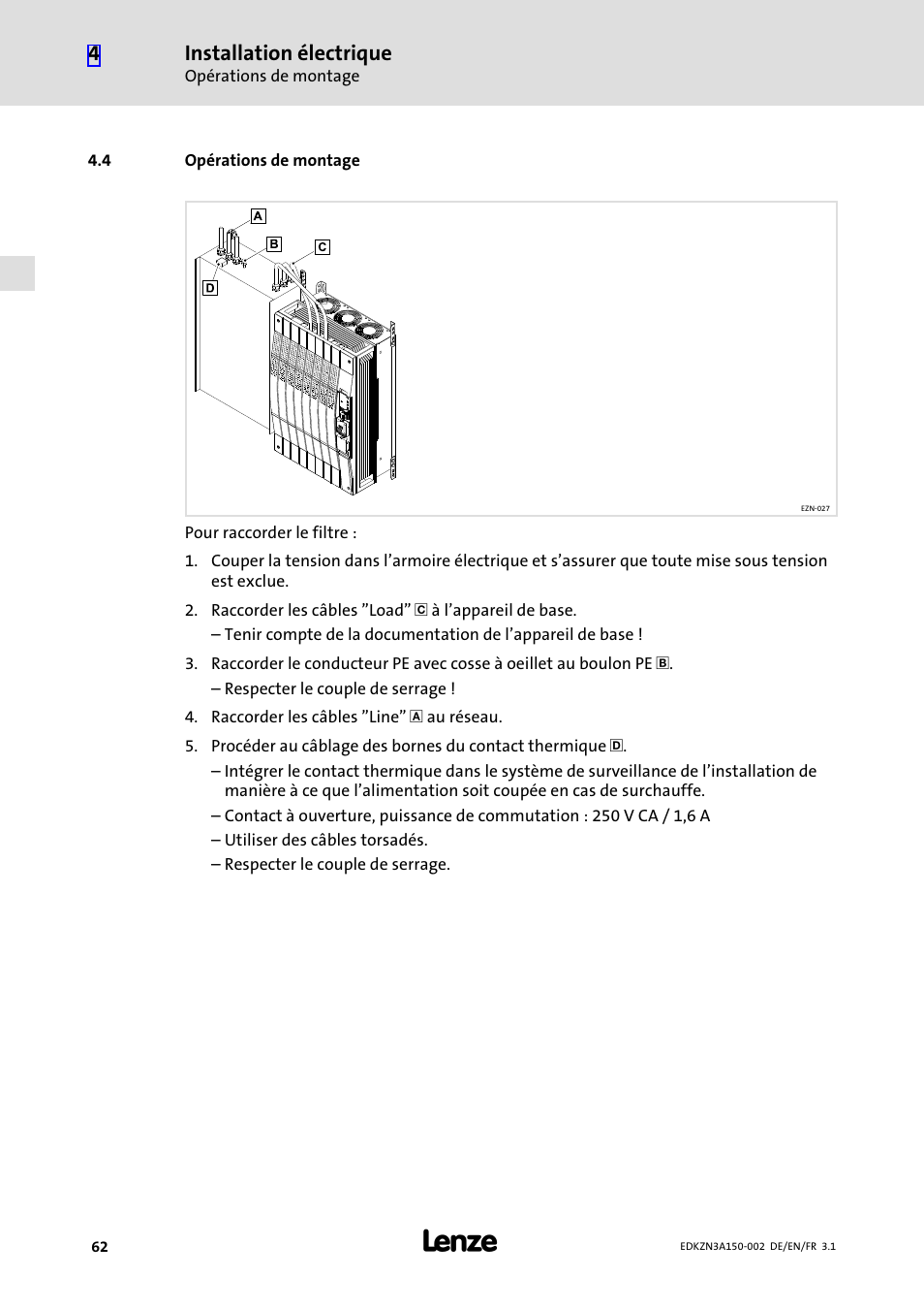 4 opérations de montage, Opérations de montage, Installation électrique | Lenze EZN3A0022H150N002 User Manual | Page 62 / 64