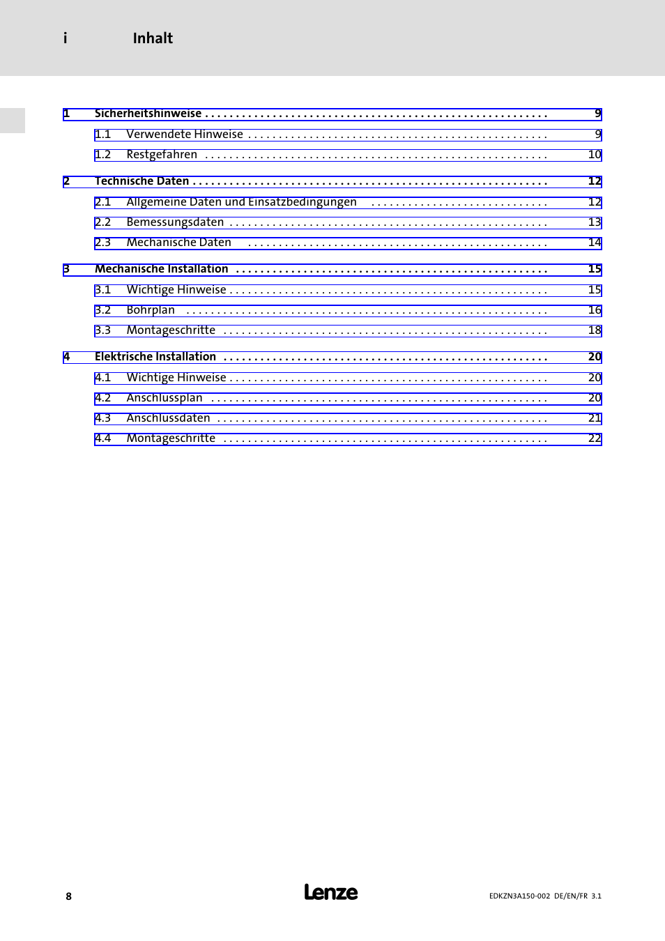 Inhalt, Inhalt i | Lenze EZN3A0022H150N002 User Manual | Page 8 / 64