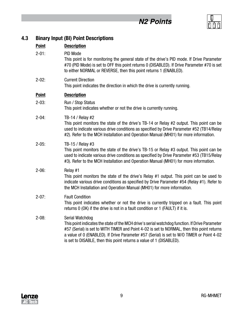 N2 points | Lenze MCH Series Drives Metasys N2 User Manual | Page 12 / 15