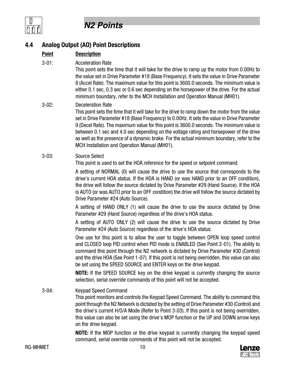 N2 points | Lenze MCH Series Drives Metasys N2 User Manual | Page 13 / 15