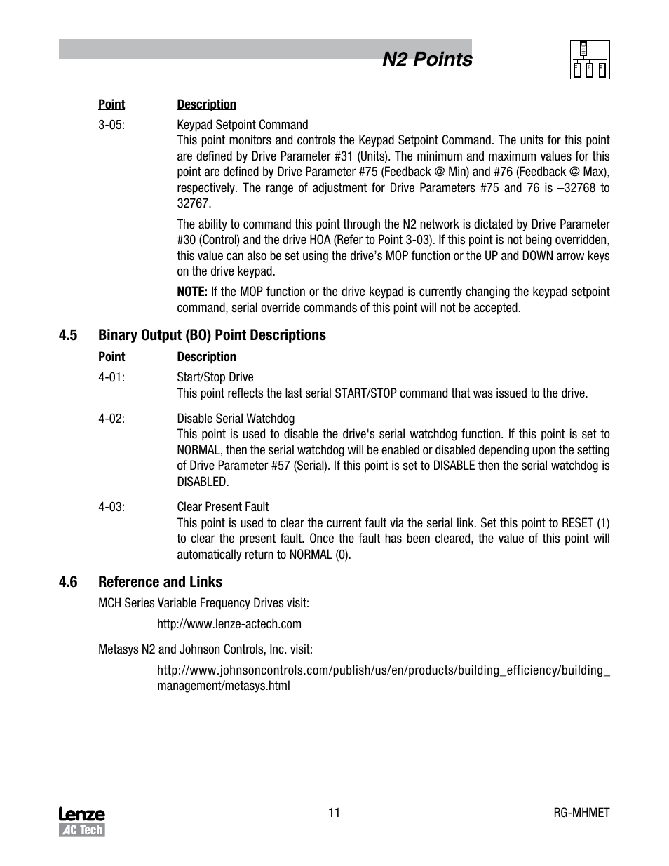 N2 points | Lenze MCH Series Drives Metasys N2 User Manual | Page 14 / 15