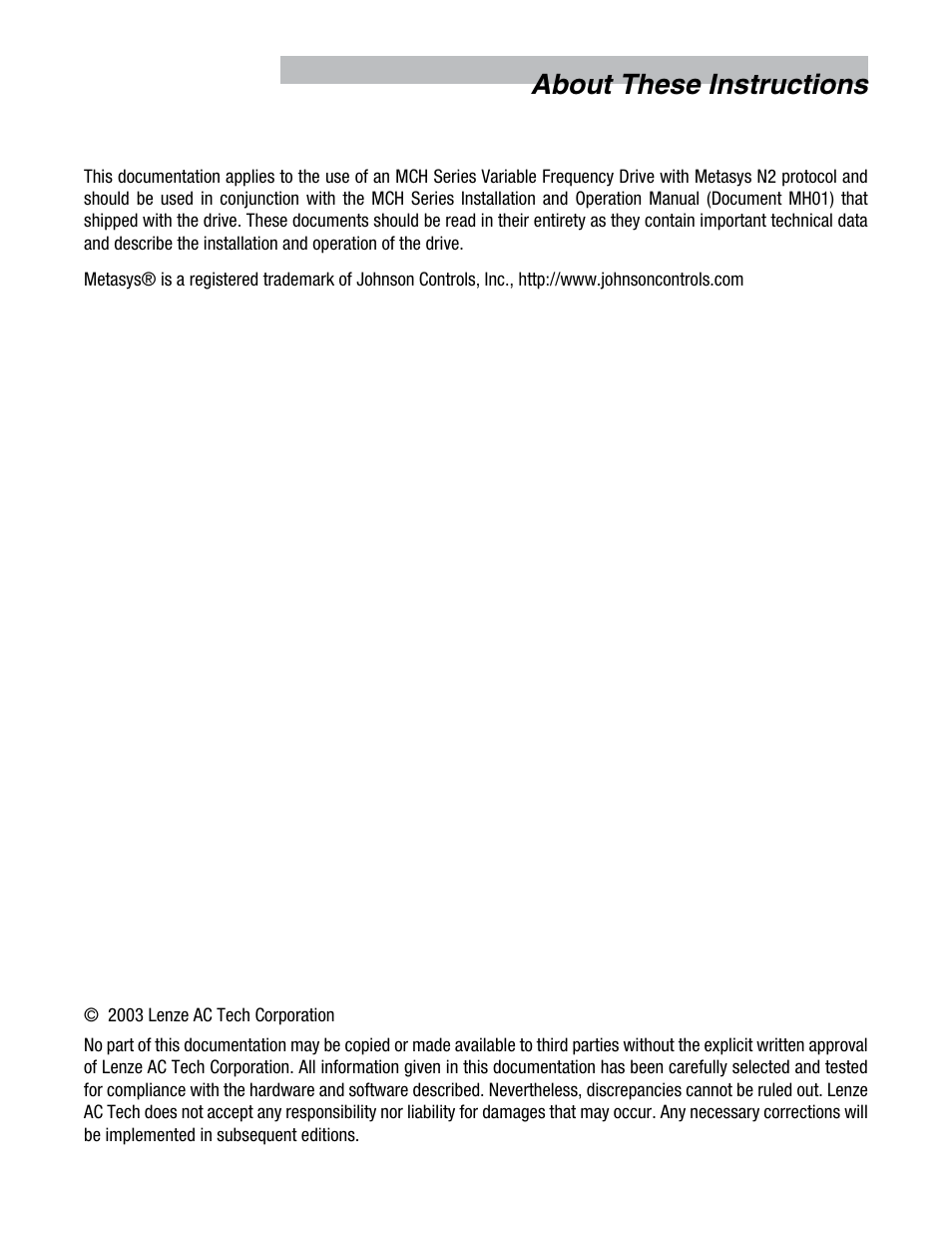 About these instructions | Lenze MCH Series Drives Metasys N2 User Manual | Page 2 / 15