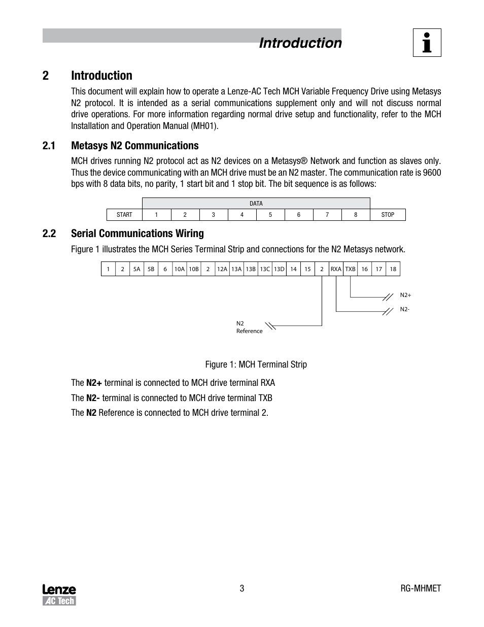 Introduction, 2introduction, 1 metasys n2 communications | 2 serial communications wiring | Lenze MCH Series Drives Metasys N2 User Manual | Page 6 / 15