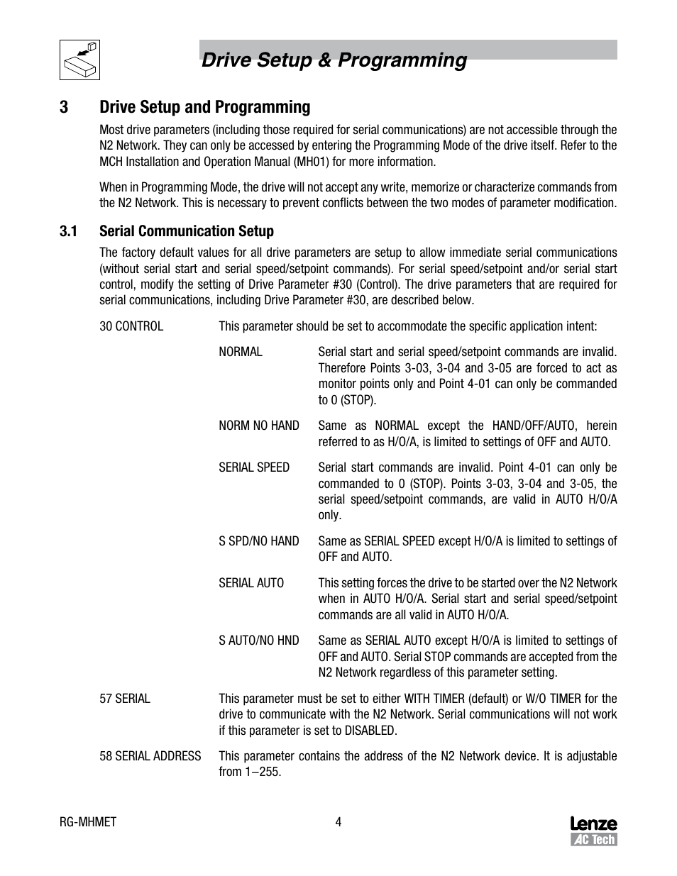 Drive setup & programming, 3drive setup and programming | Lenze MCH Series Drives Metasys N2 User Manual | Page 7 / 15