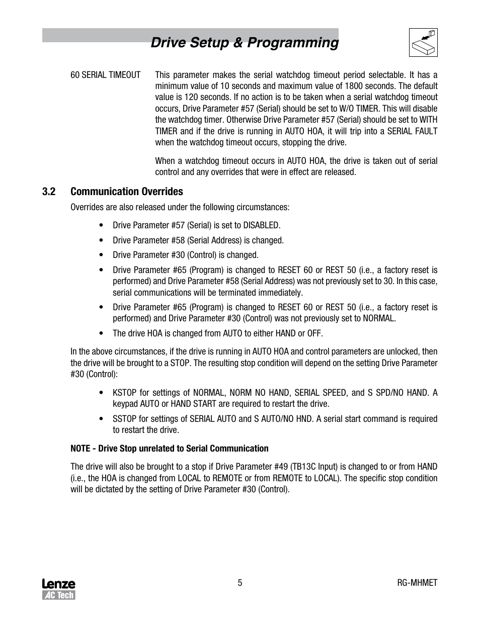 Drive setup & programming | Lenze MCH Series Drives Metasys N2 User Manual | Page 8 / 15