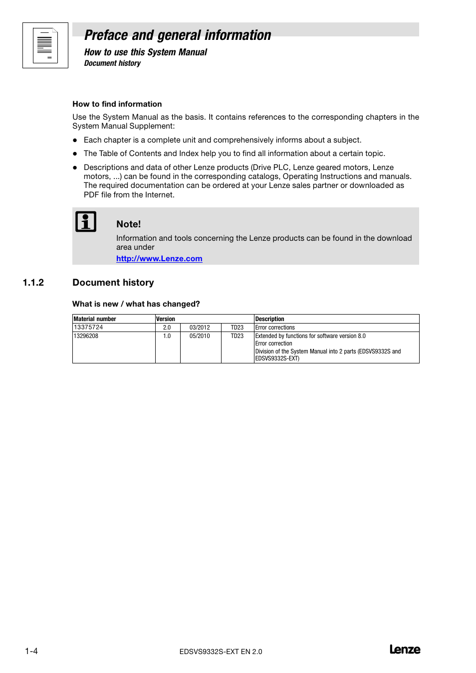 2 document history, Document history, Preface and general information | Lenze EVS9332xS User Manual | Page 10 / 264