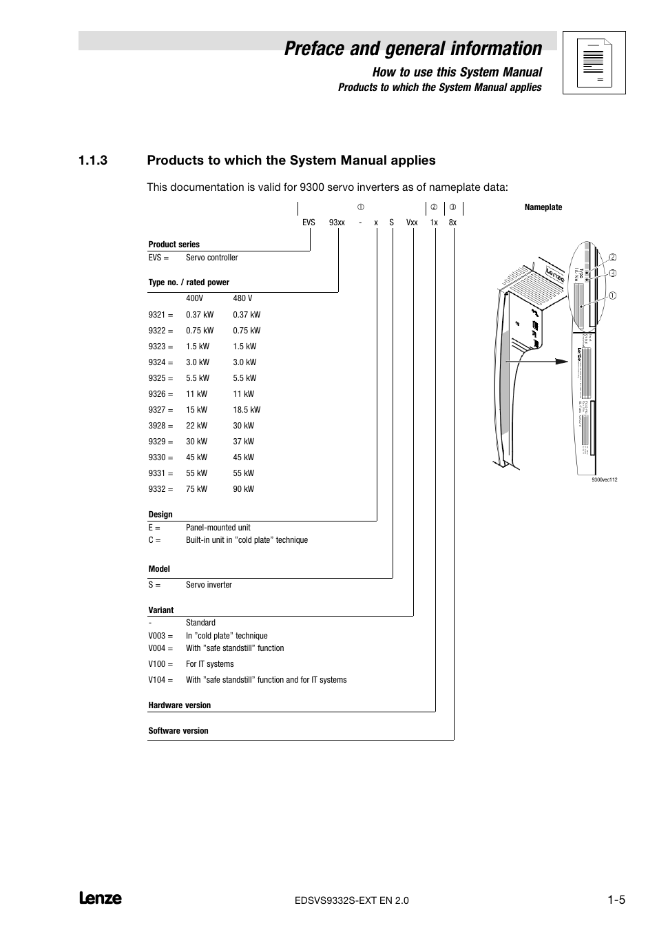 3 products to which the system manual applies, Products to which the system manual applies, Preface and general information | How to use this system manual | Lenze EVS9332xS User Manual | Page 11 / 264