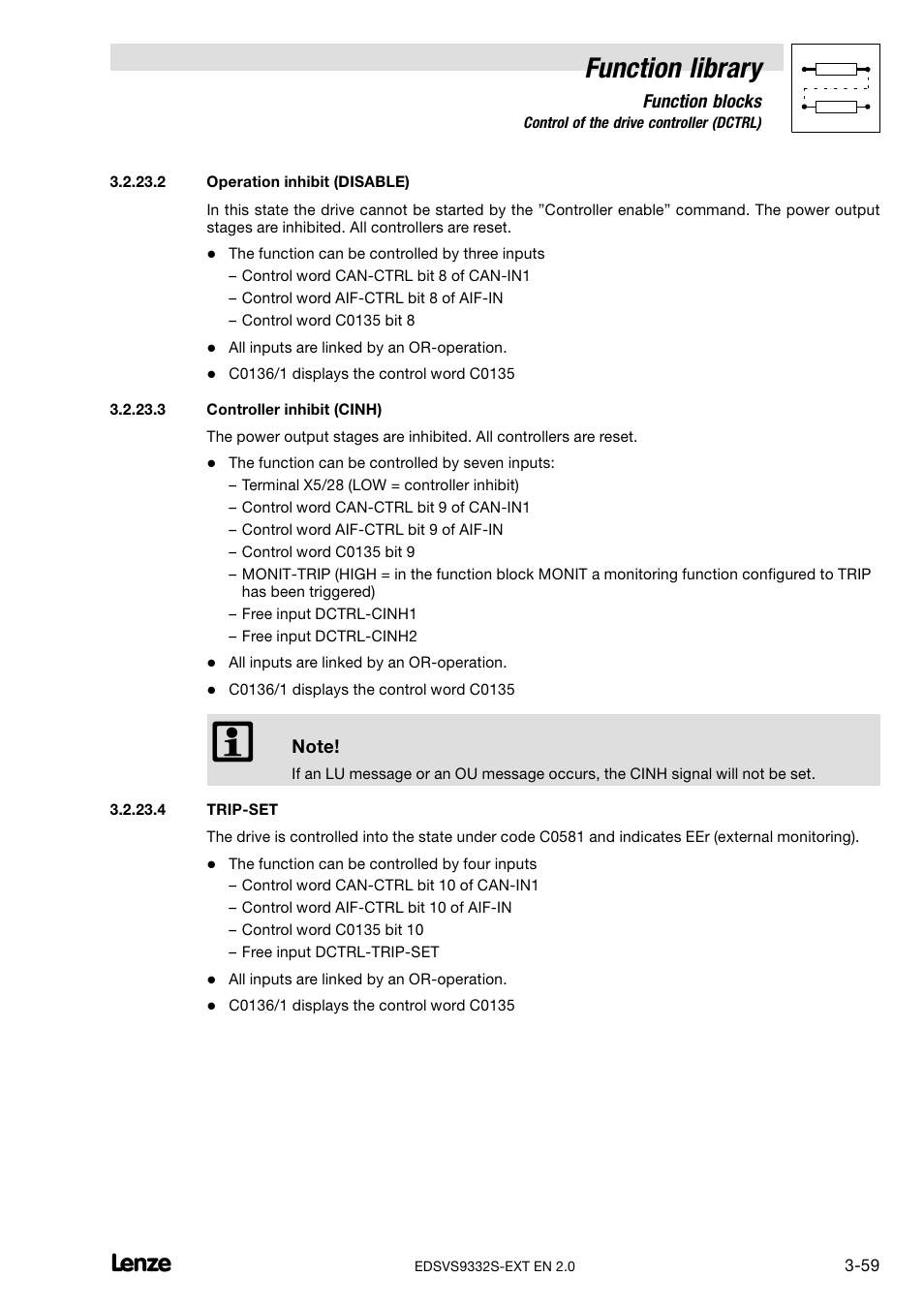 Operation inhibit (disable), Controller inhibit (cinh), Trip-set | Function library | Lenze EVS9332xS User Manual | Page 111 / 264