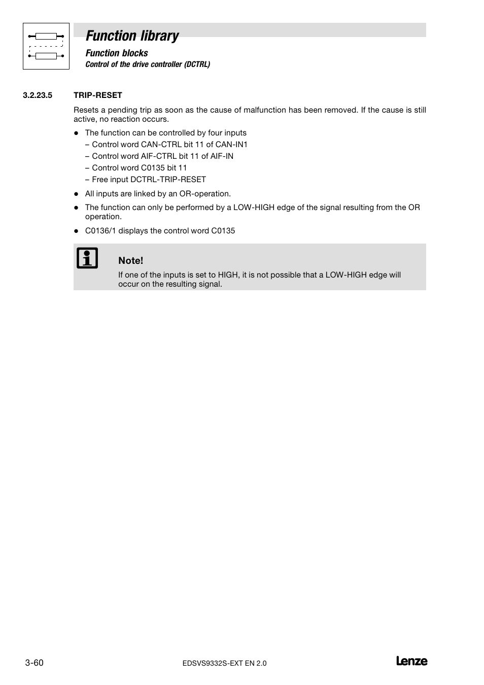 Trip-reset, Function library | Lenze EVS9332xS User Manual | Page 112 / 264