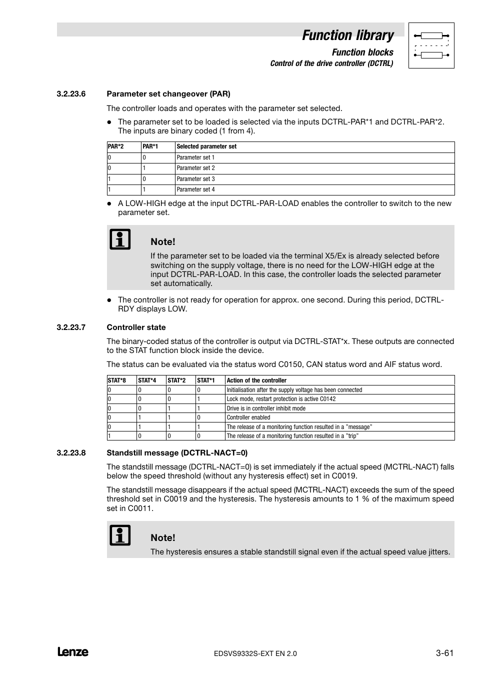 Parameter set changeover (par), Controller state, Standstill message (dctrl-nact=0) | Function library, Function blocks | Lenze EVS9332xS User Manual | Page 113 / 264