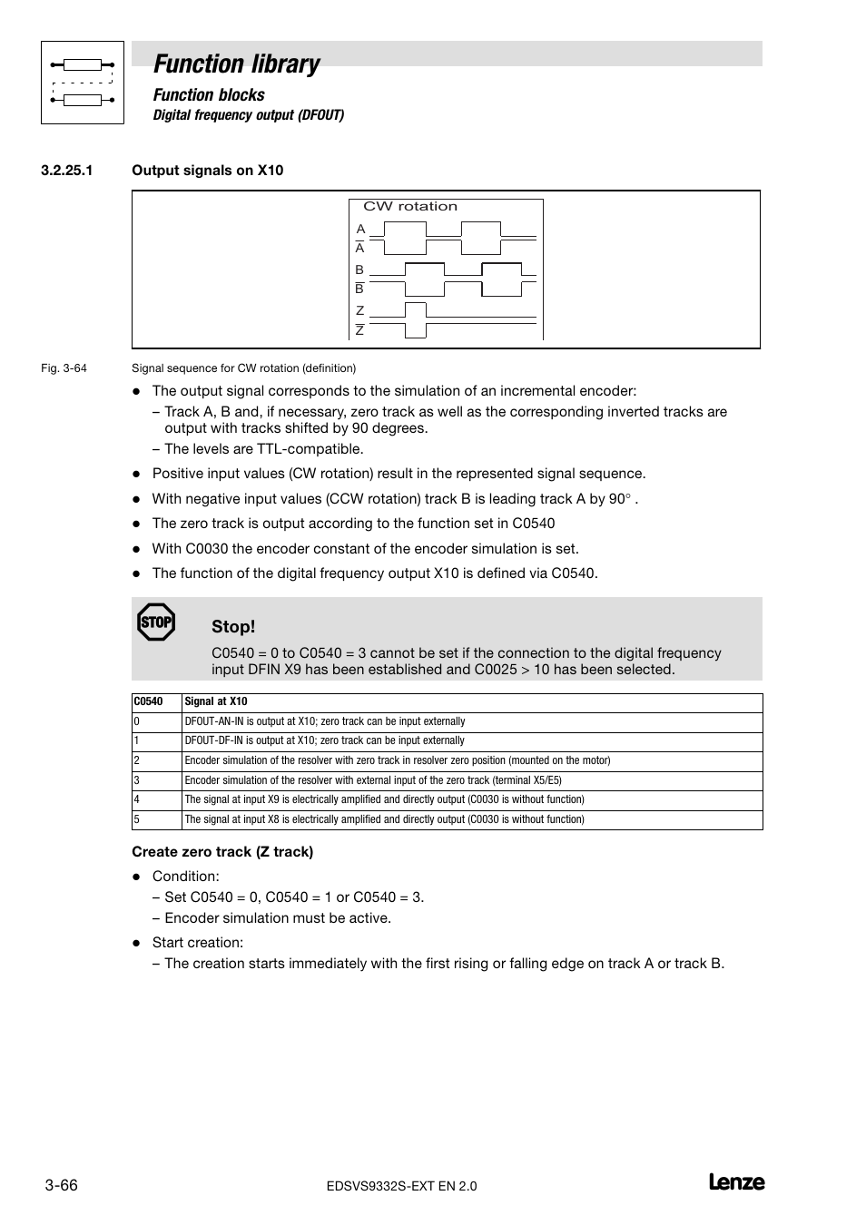 Output signals on x10, Function library, Function blocks | Stop | Lenze EVS9332xS User Manual | Page 118 / 264