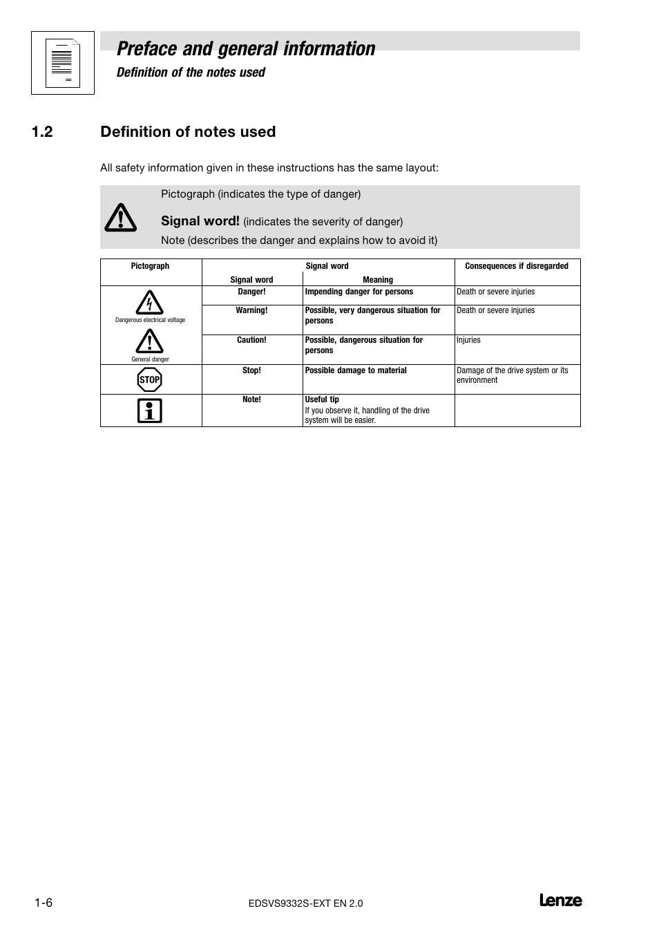 2 definition of notes used, Definition of notes used, Preface and general information | Lenze EVS9332xS User Manual | Page 12 / 264