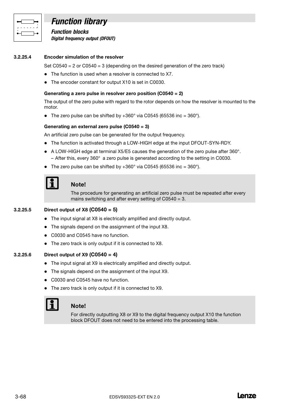Encoder simulation of the resolver, Direct output of x8 (c0540 = 5), Direct output of x9 (c0540 = 4) | Function library | Lenze EVS9332xS User Manual | Page 120 / 264