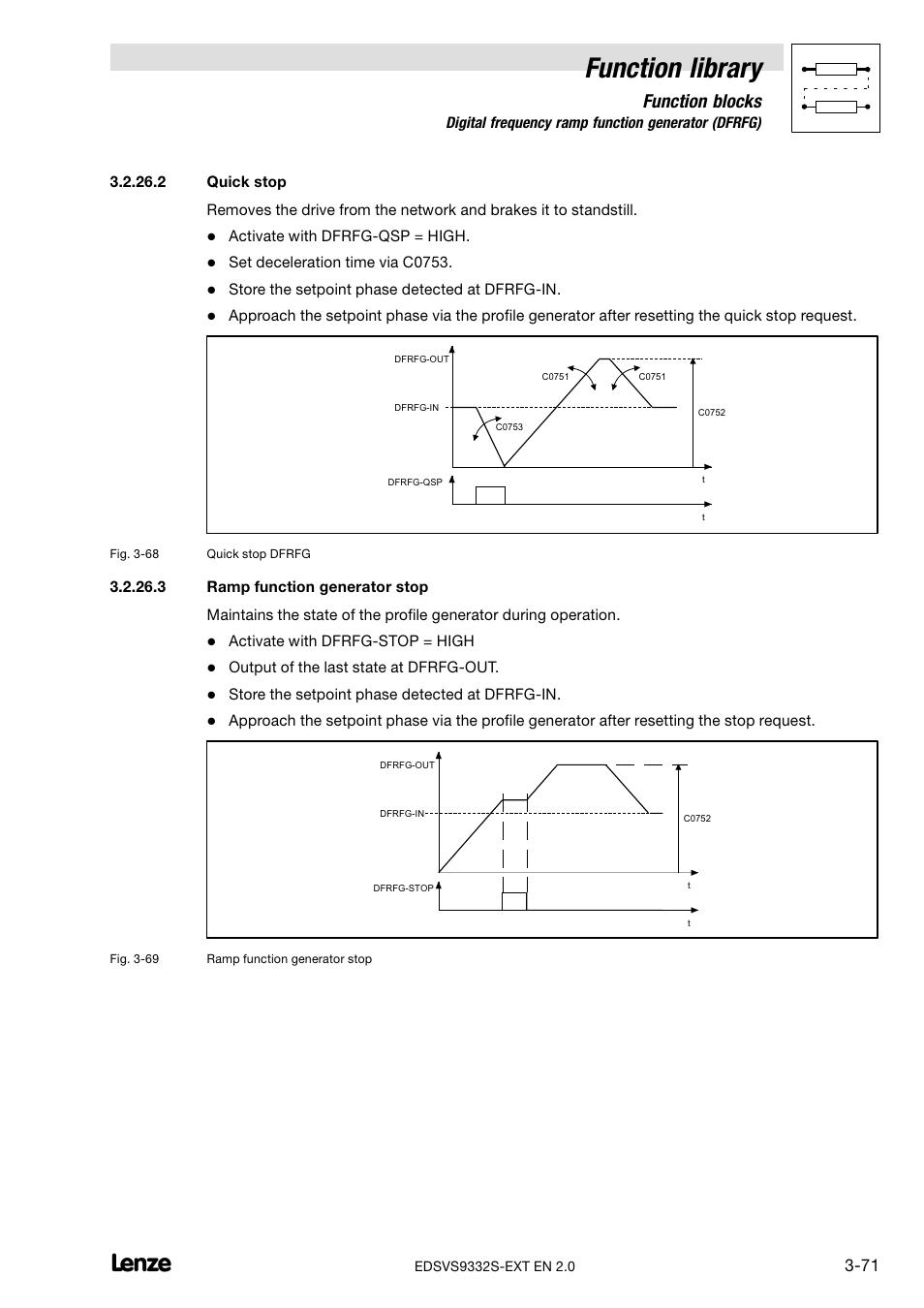 Quick stop, Ramp function generator stop, Function library | Function blocks | Lenze EVS9332xS User Manual | Page 123 / 264