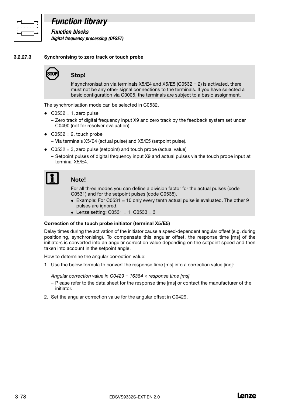 Synchronising to zero track or touch probe, Function library | Lenze EVS9332xS User Manual | Page 130 / 264