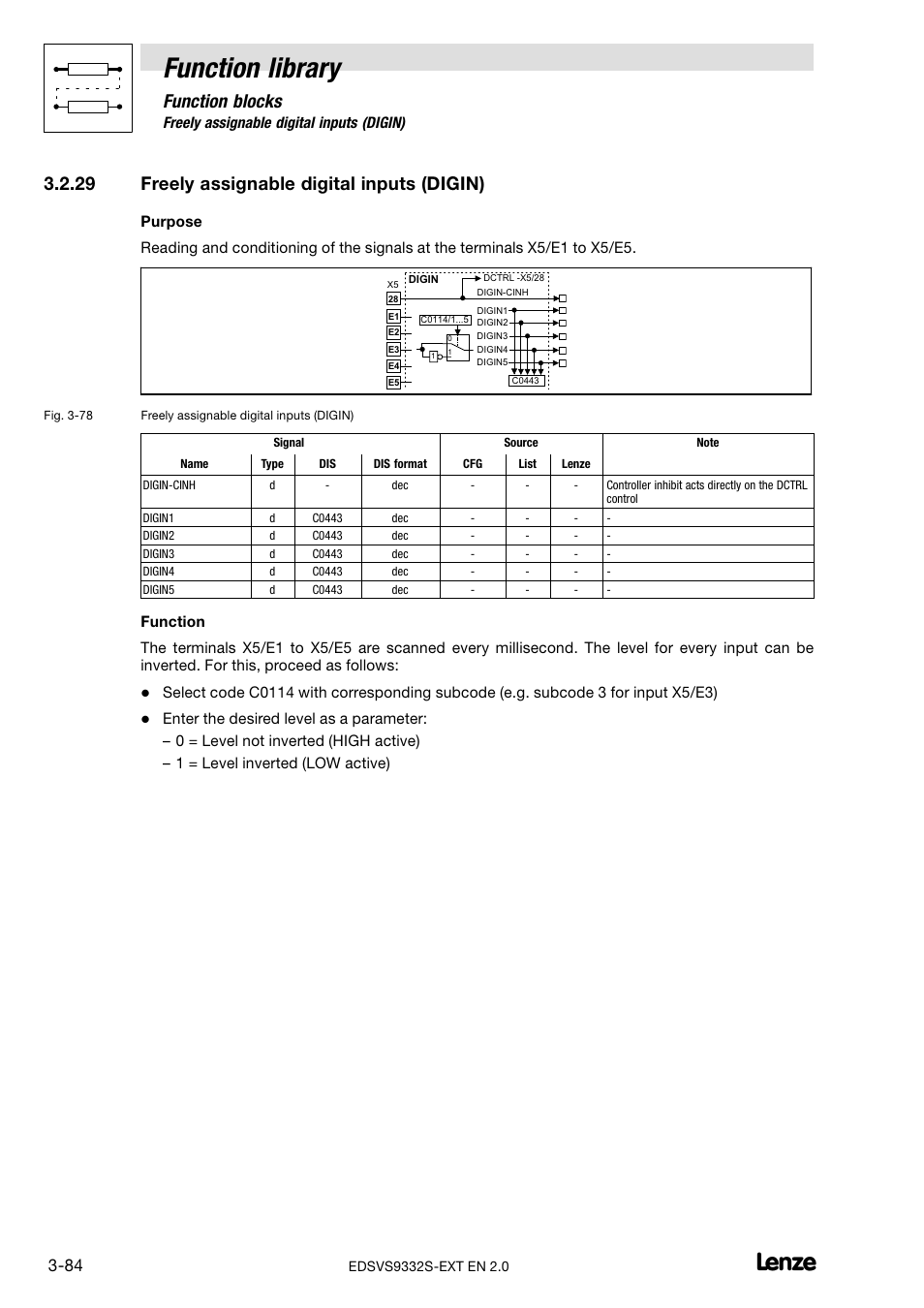 29 freely assignable digital inputs (digin), Freely assignable digital inputs (digin), Function library | Function blocks | Lenze EVS9332xS User Manual | Page 136 / 264