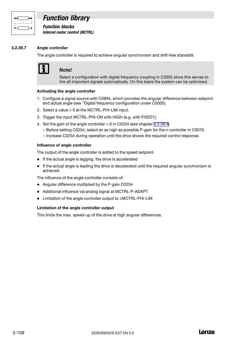 Angle controller, Function library | Lenze EVS9332xS User Manual | Page 160 / 264
