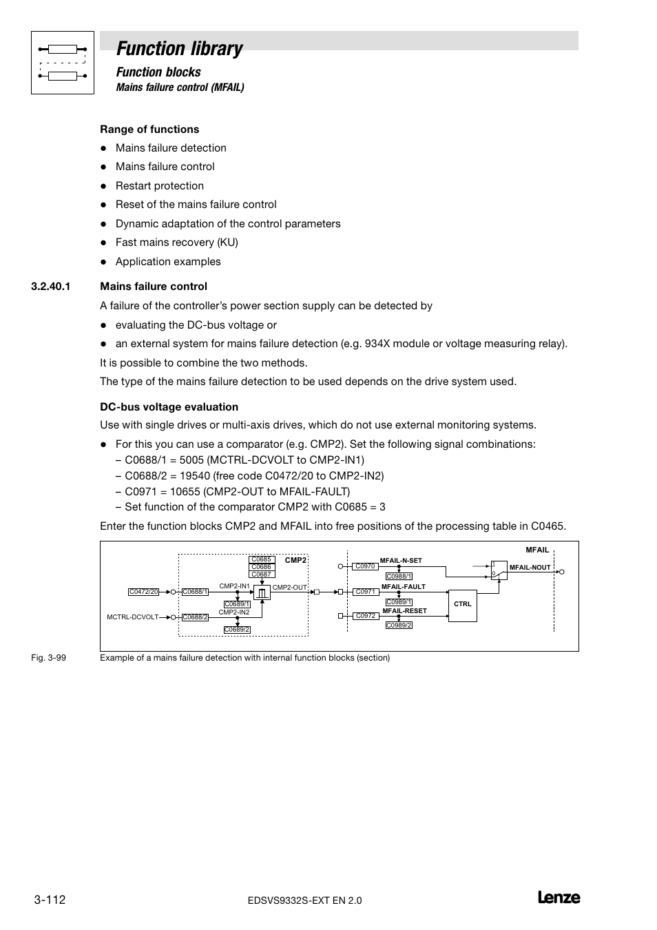 Mains failure control, Function library, Function blocks | Lenze EVS9332xS User Manual | Page 164 / 264