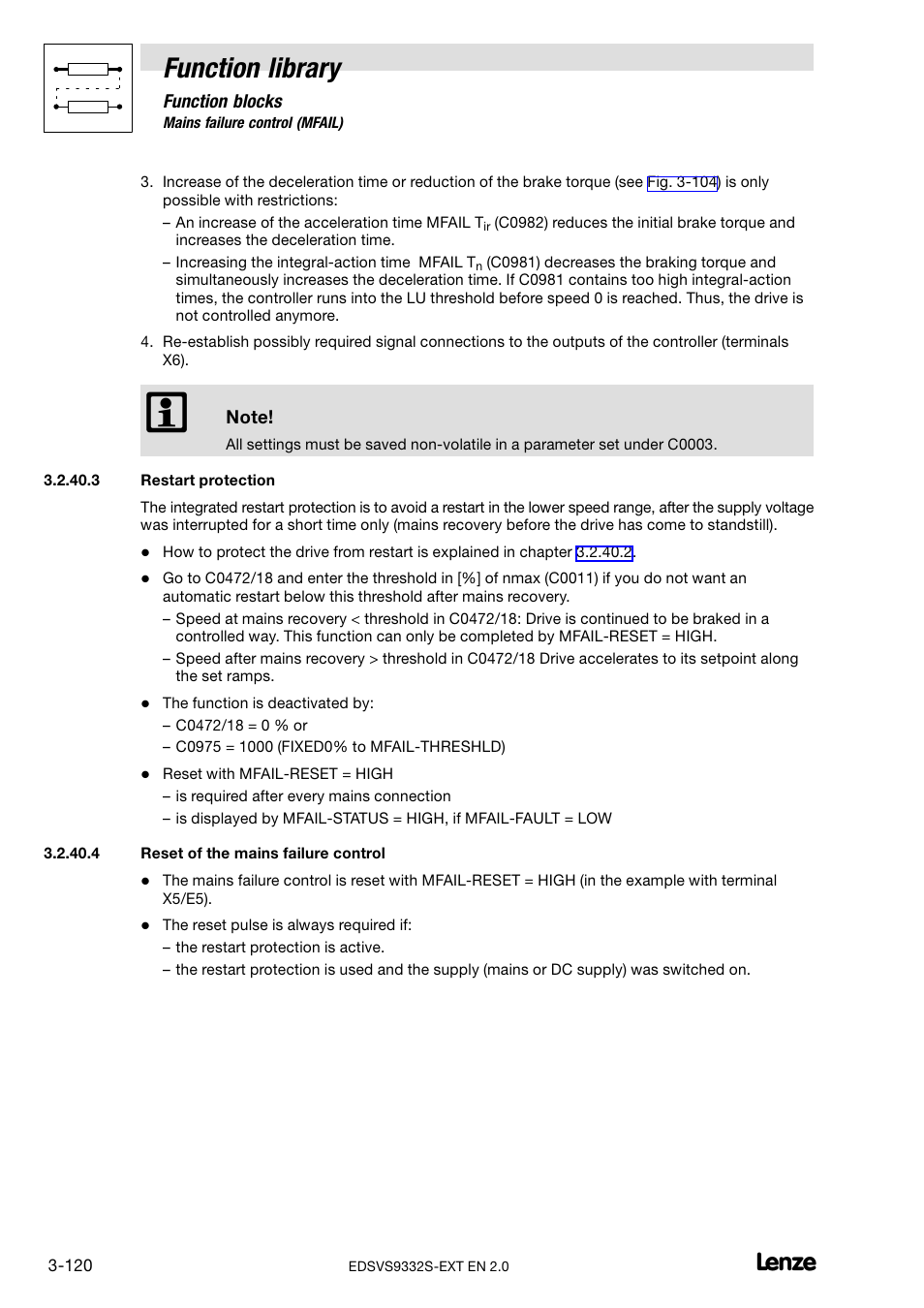 Restart protection, Reset of the mains failure control, Function library | Lenze EVS9332xS User Manual | Page 172 / 264