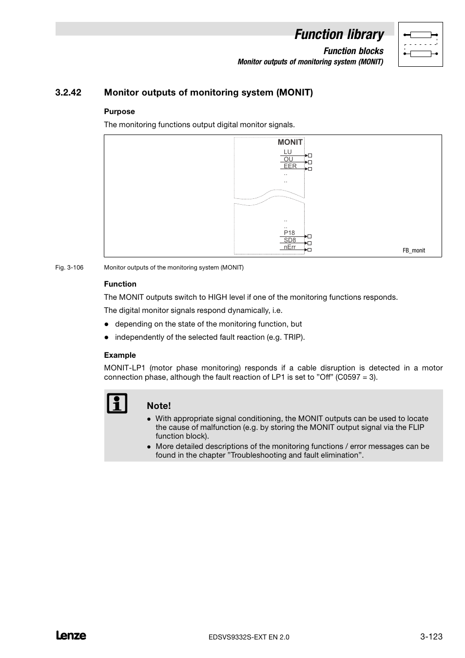 42 monitor outputs of monitoring system (monit), Monitor outputs of monitoring system (monit), Function library | Lenze EVS9332xS User Manual | Page 175 / 264