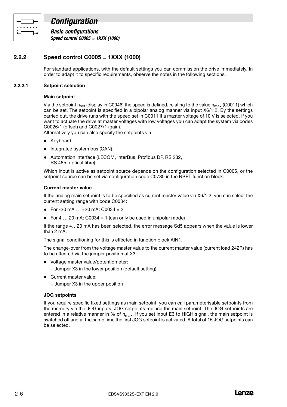 2 speed control c0005 = 1xxx (1000), Setpoint selection, Speed control c0005 = 1xxx (1000) | Configuration | Lenze EVS9332xS User Manual | Page 18 / 264