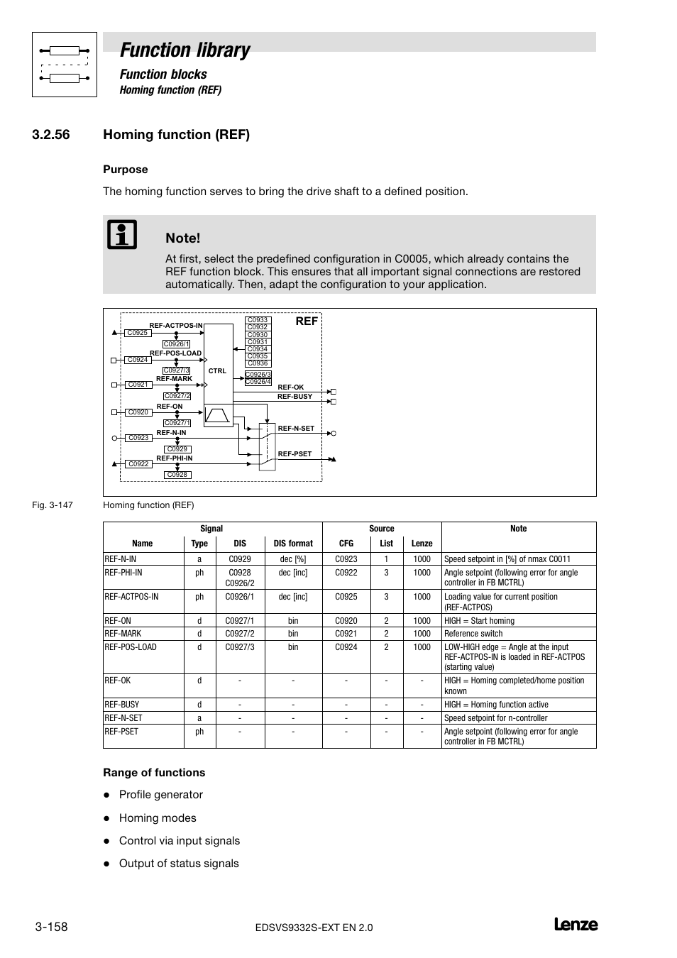 56 homing function (ref), Homing function (ref), Function library | Function blocks, Range of functions, Profile generator, Homing modes, Control via input signals, Output of status signals | Lenze EVS9332xS User Manual | Page 210 / 264