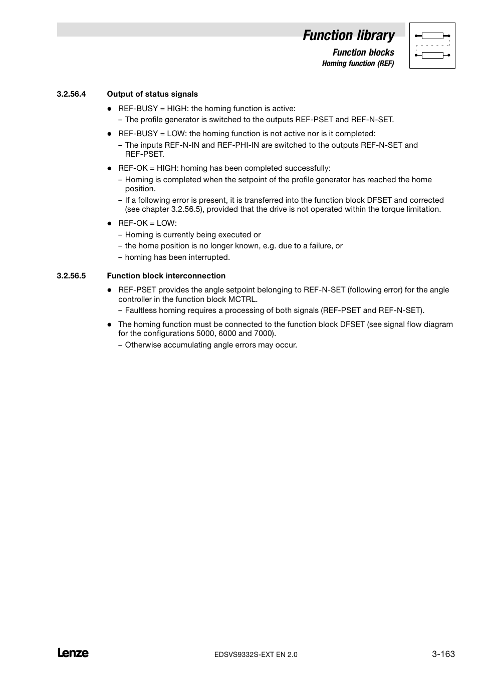 Output of status signals, Function block interconnection, Function library | Lenze EVS9332xS User Manual | Page 215 / 264