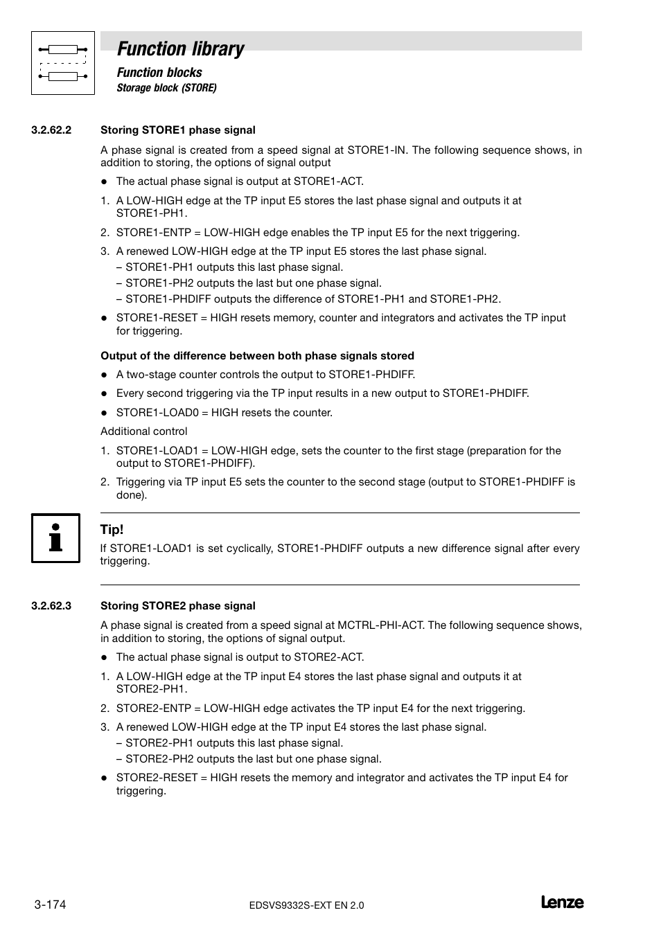 Storing store1 phase signal, Storing store2 phase signal, Function library | Lenze EVS9332xS User Manual | Page 226 / 264