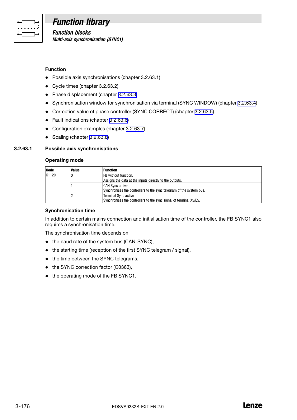 Possible axis synchronisations, Function library, Function blocks | Lenze EVS9332xS User Manual | Page 228 / 264