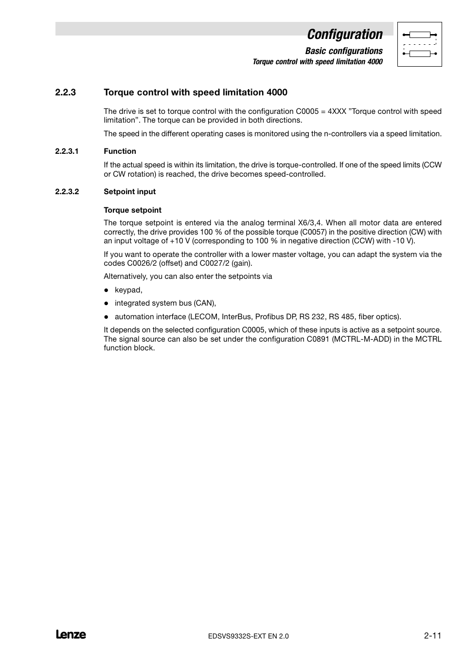 3 torque control with speed limitation 4000, Function, Setpoint input | Torque control with speed limitation 4000, Configuration | Lenze EVS9332xS User Manual | Page 23 / 264