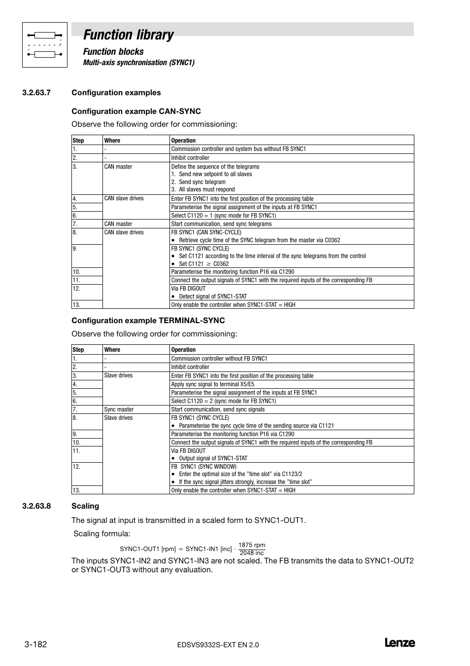 Configuration examples, Scaling, Configuration examples (chapter 3.2.63.7) | Scaling (chapter 3.2.63.8), Function library, Function blocks | Lenze EVS9332xS User Manual | Page 234 / 264