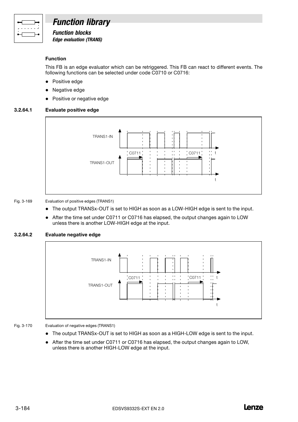 Evaluate positive edge, Evaluate negative edge, Function library | Function blocks | Lenze EVS9332xS User Manual | Page 236 / 264