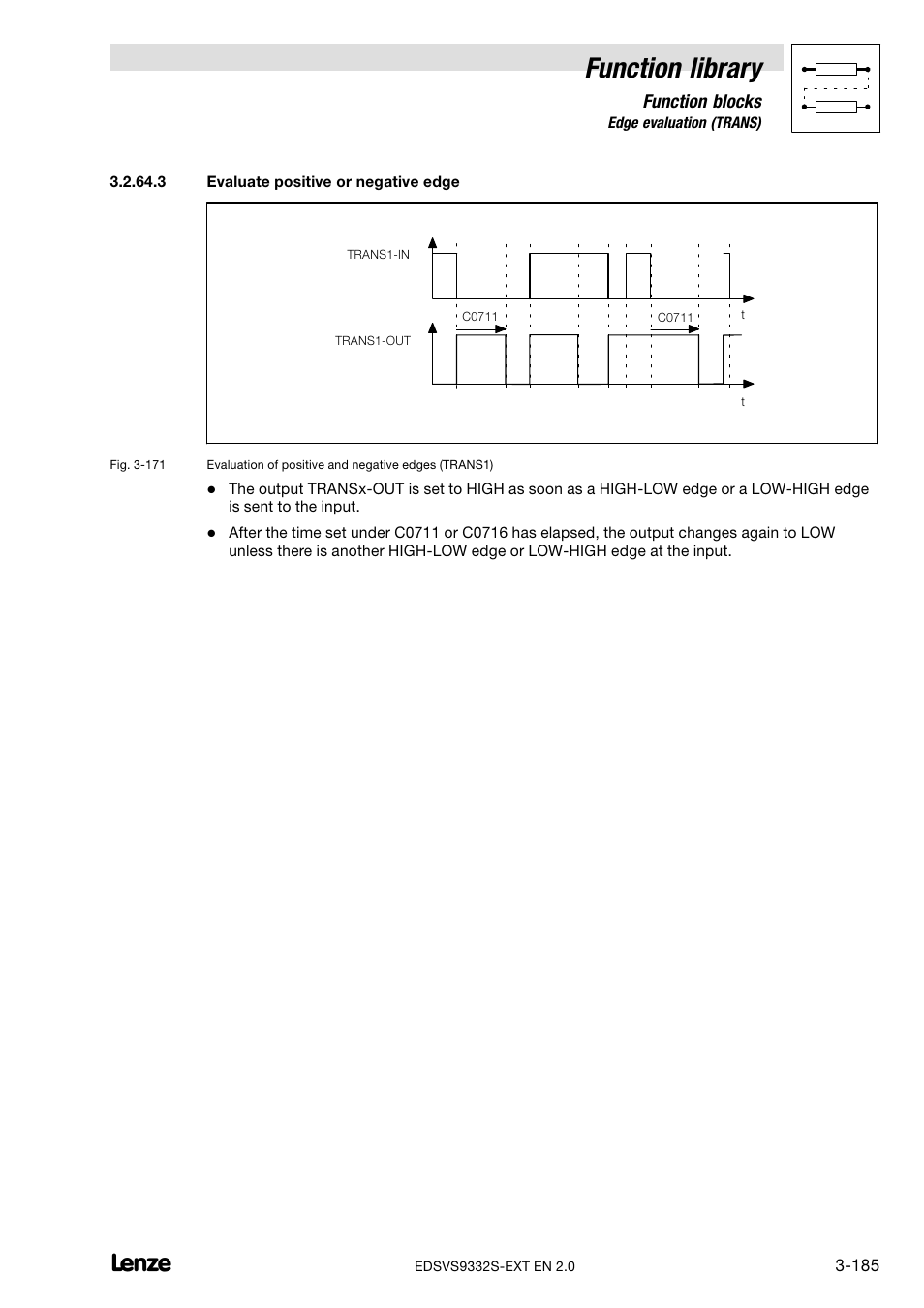 Evaluate positive or negative edge, Function library, Function blocks | Lenze EVS9332xS User Manual | Page 237 / 264