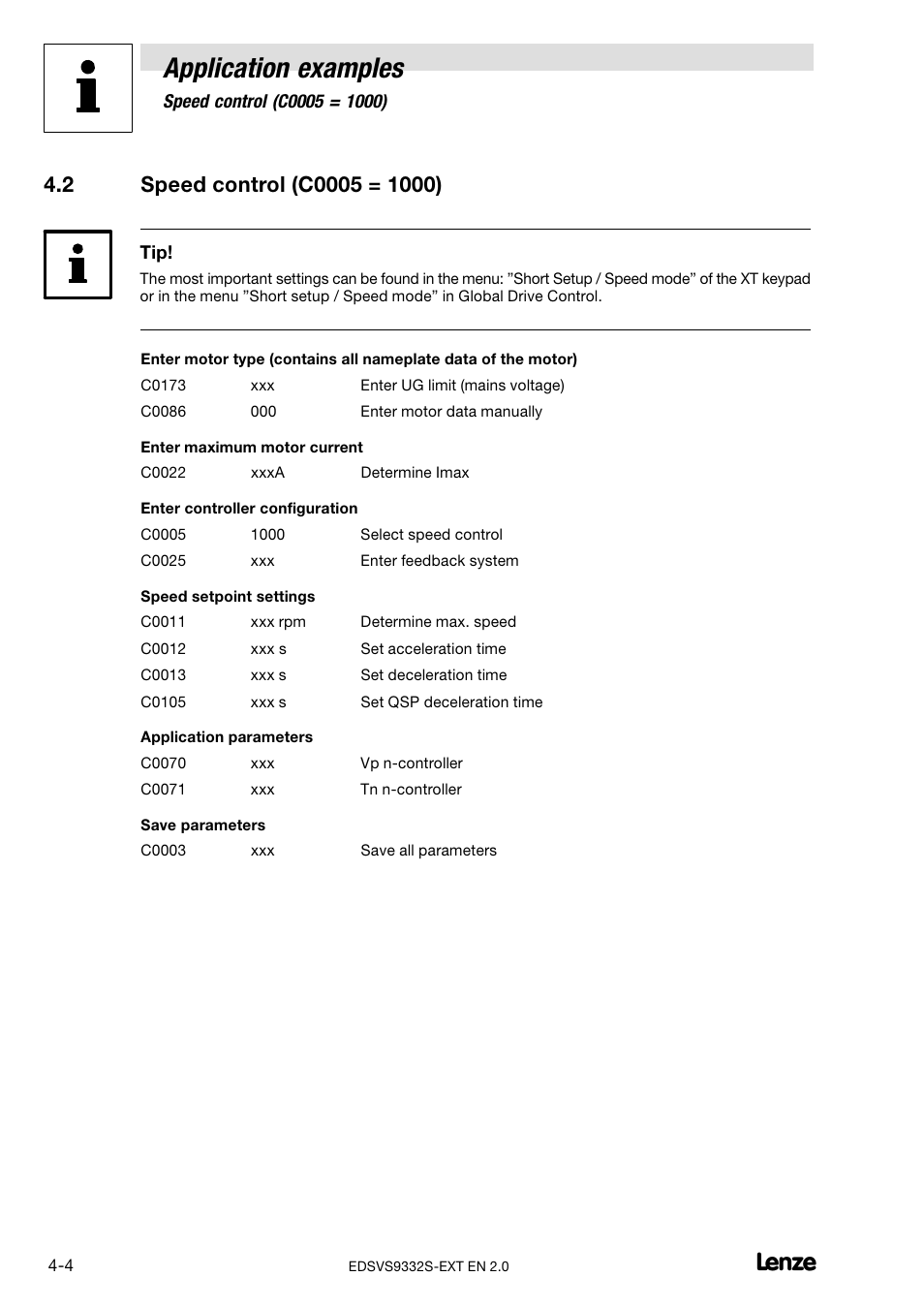 2 speed control (c0005 = 1000), Speed control (c0005 = 1000), Application examples | Lenze EVS9332xS User Manual | Page 242 / 264