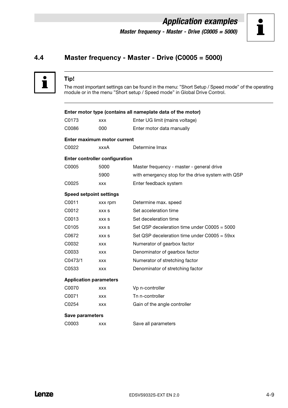 4 master frequency - master - drive (c0005 = 5000), Master frequency − master − drive (c0005 = 5000), Application examples | Lenze EVS9332xS User Manual | Page 247 / 264