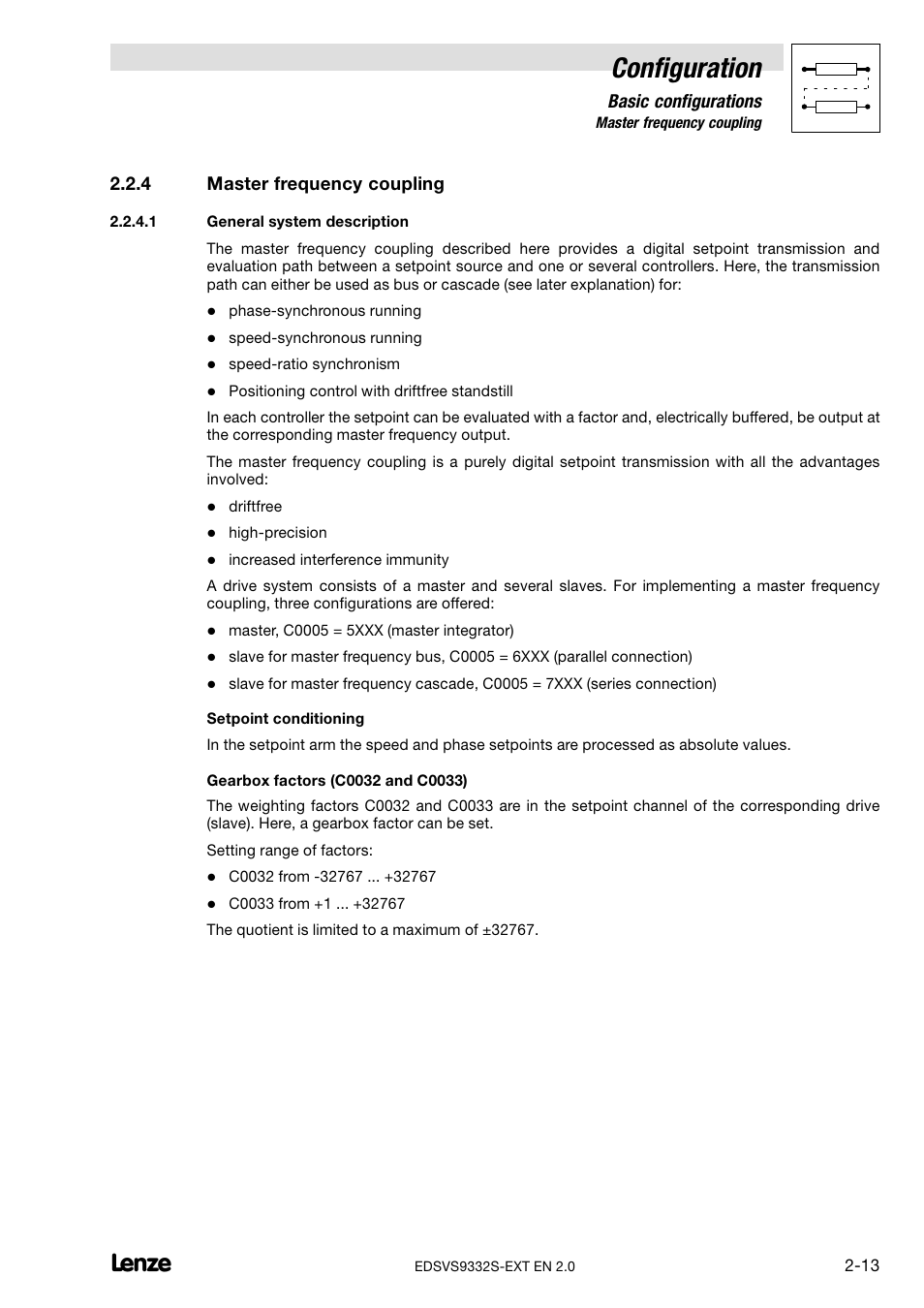 4 master frequency coupling, General system description, Master frequency coupling | Configuration | Lenze EVS9332xS User Manual | Page 25 / 264