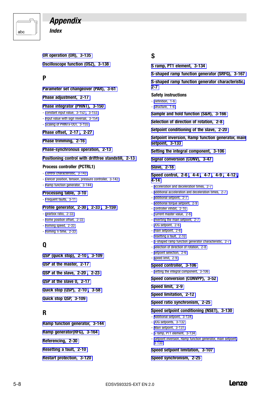 Appendix, 2 index | Lenze EVS9332xS User Manual | Page 262 / 264