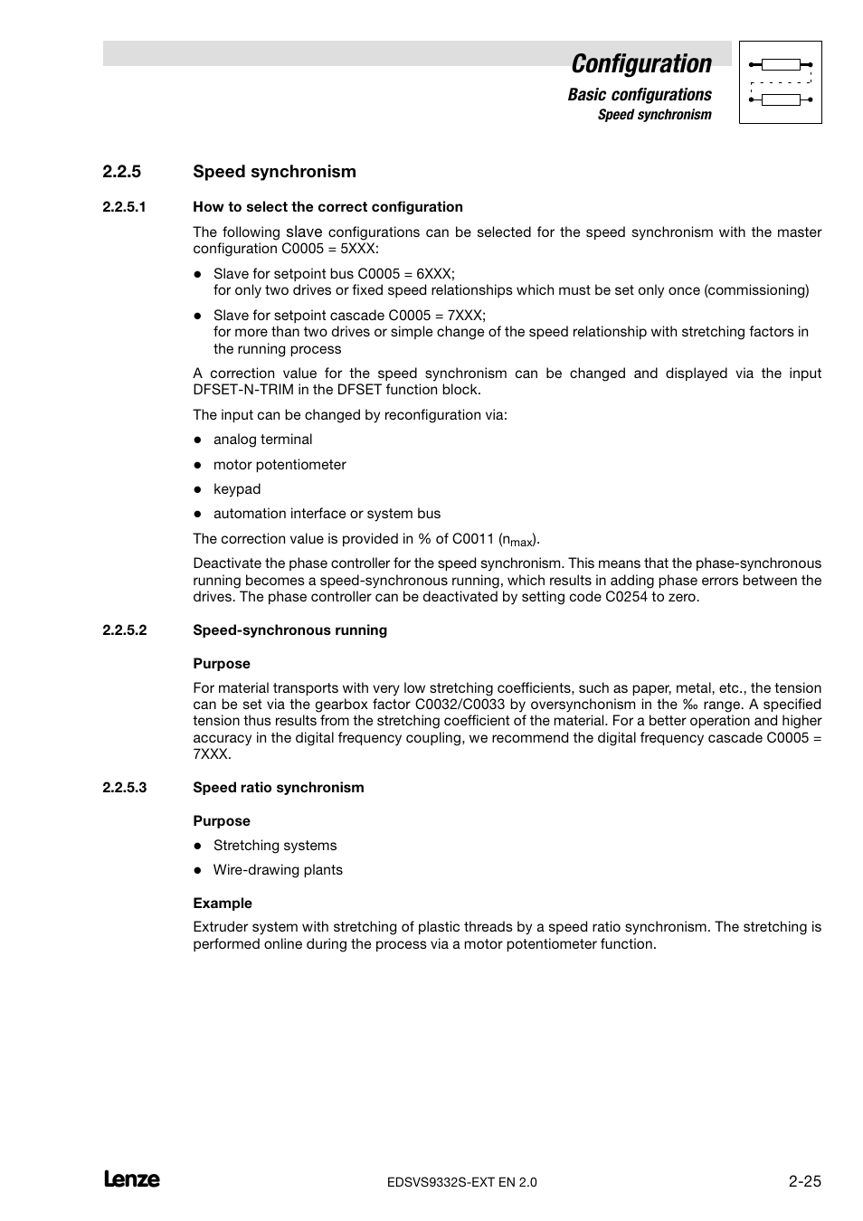 5 speed synchronism, How to select the correct configuration, Speed-synchronous running | Speed ratio synchronism, Speed synchronism, Configuration | Lenze EVS9332xS User Manual | Page 37 / 264