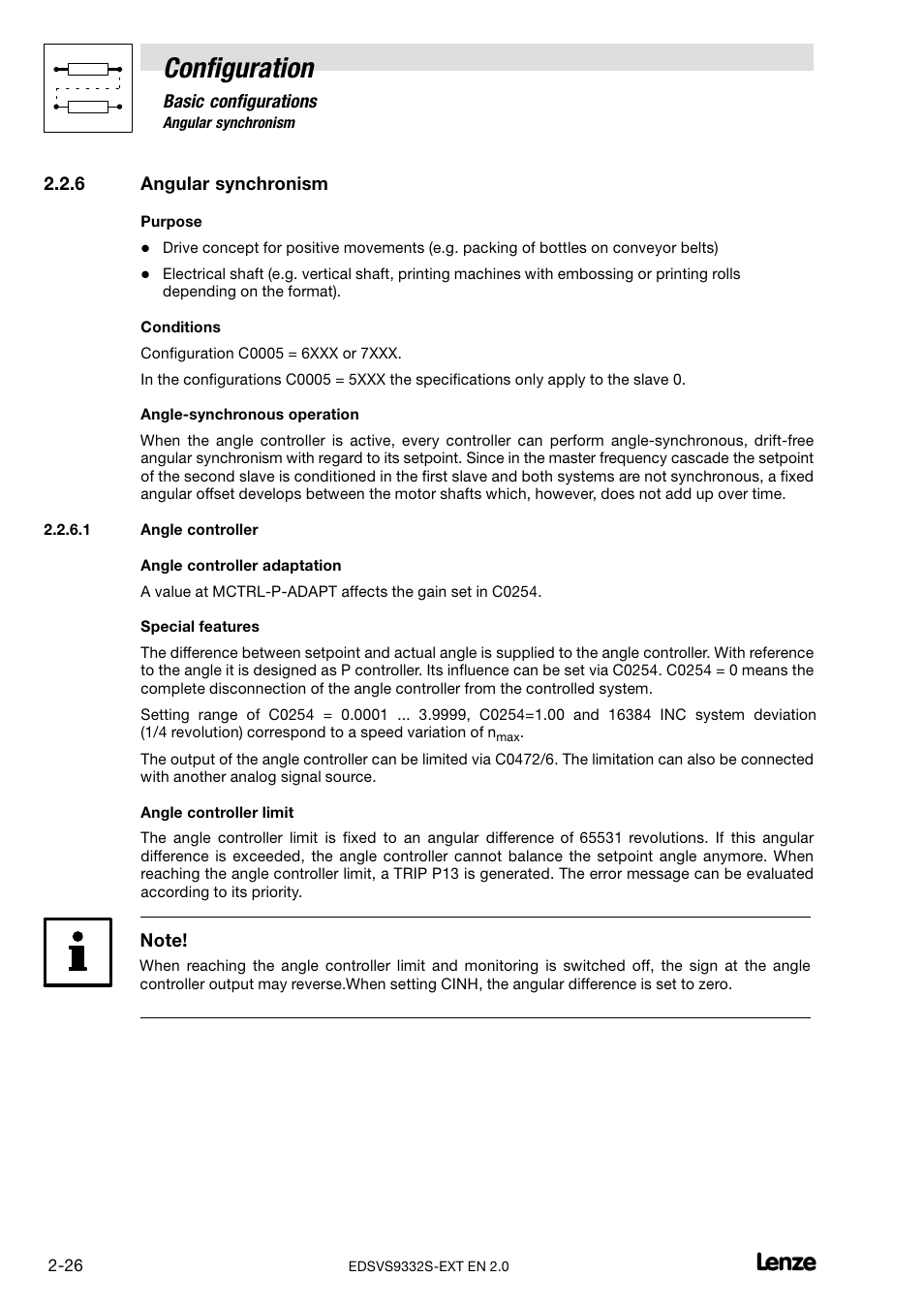 6 angular synchronism, Angle controller, Angular synchronism | Configuration | Lenze EVS9332xS User Manual | Page 38 / 264