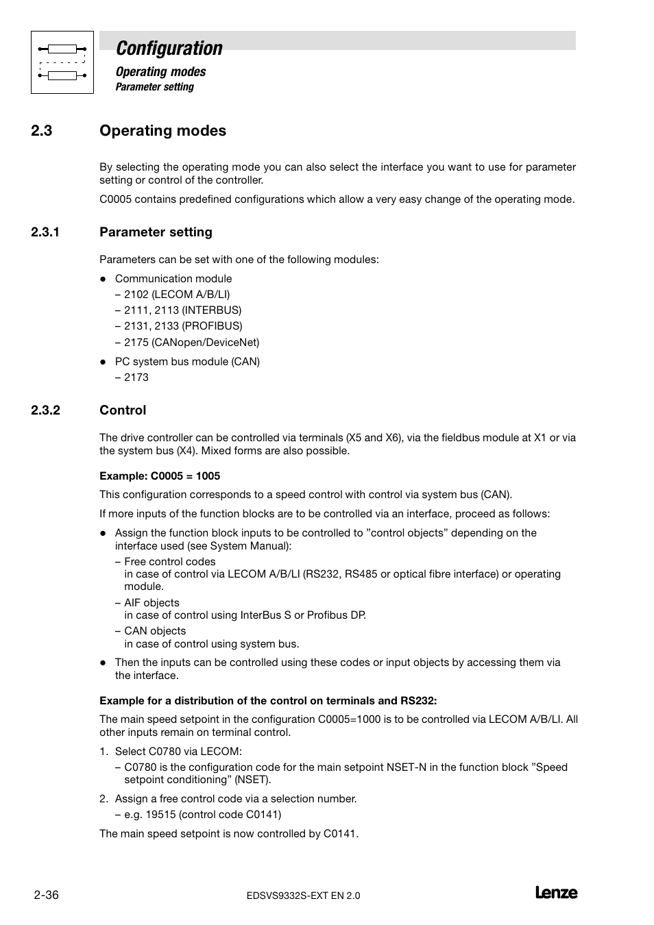 3 operating modes, 1 parameter setting, 2 control | Operating modes, Parameter setting, Control, Configuration | Lenze EVS9332xS User Manual | Page 48 / 264